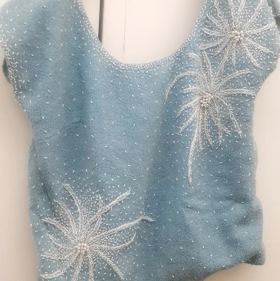 Vintage 1950's/60's BLUE WOOL KNIT Pearl Beaded Sweater Blouse Top - Picture 8 of 10